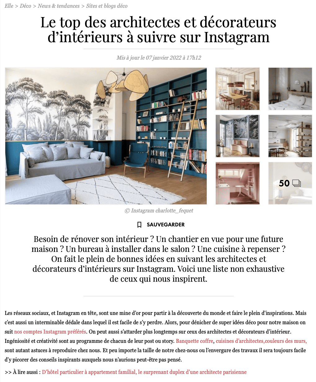 Article elle décoration - top des architectes à suivre sur Instagram murs et merveilles